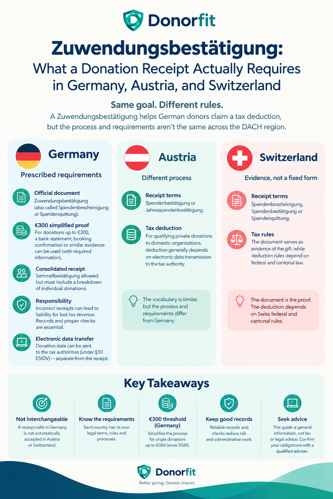 Zuwendungsbestätigung: What a Donation Receipt Actually Requires in Germany, Austria, and Switzerland 